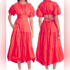 Cinq á Sept Maisey Puffed Sleeve Tiered Open-Back Midi Dress Chili Pepper Sz 6